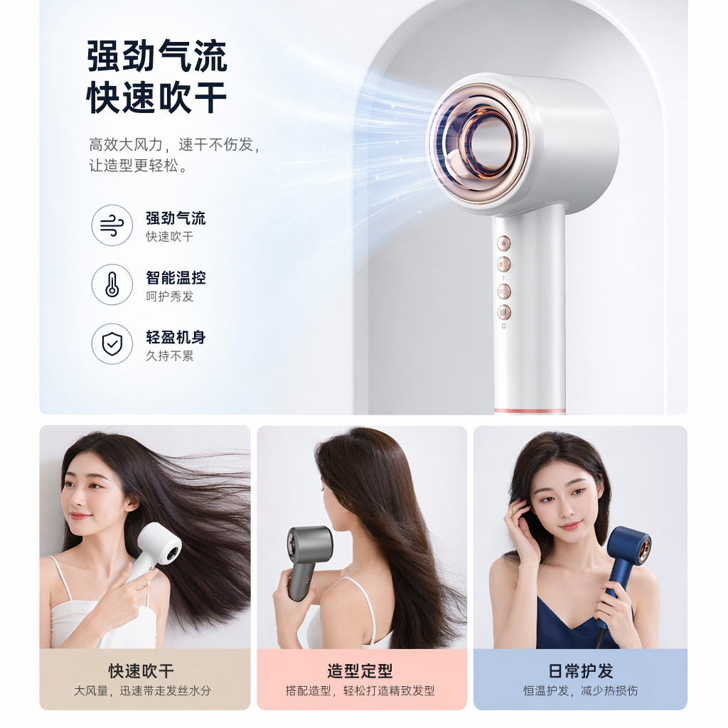 多色无叶吹风机家用静音速干智能恒温负离子