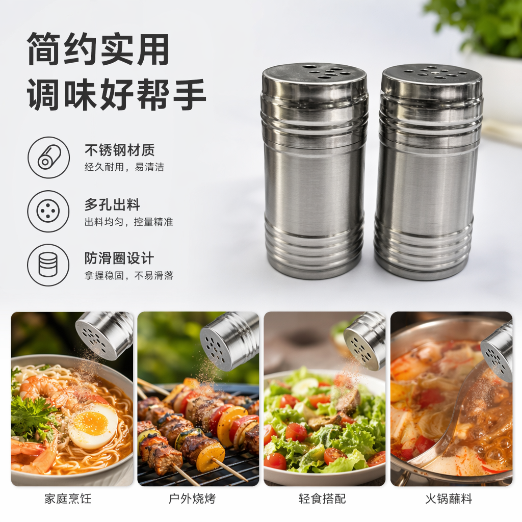 银色金属调味瓶厨房用盐罐胡椒瓶套装家用不锈钢调料瓶