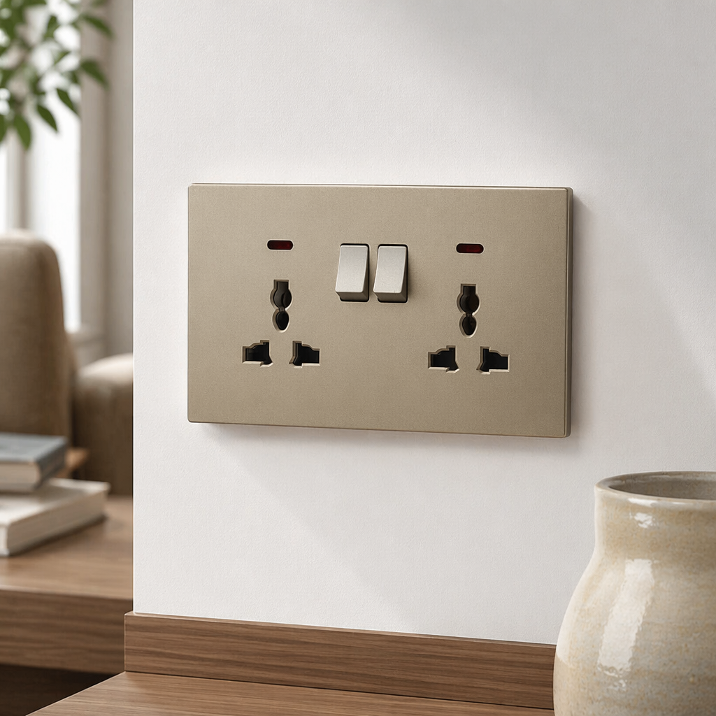 T6 Grey and gold dual 13A multi-functional wall socket, suitable for both home and office use, is specially designed for export details Picture