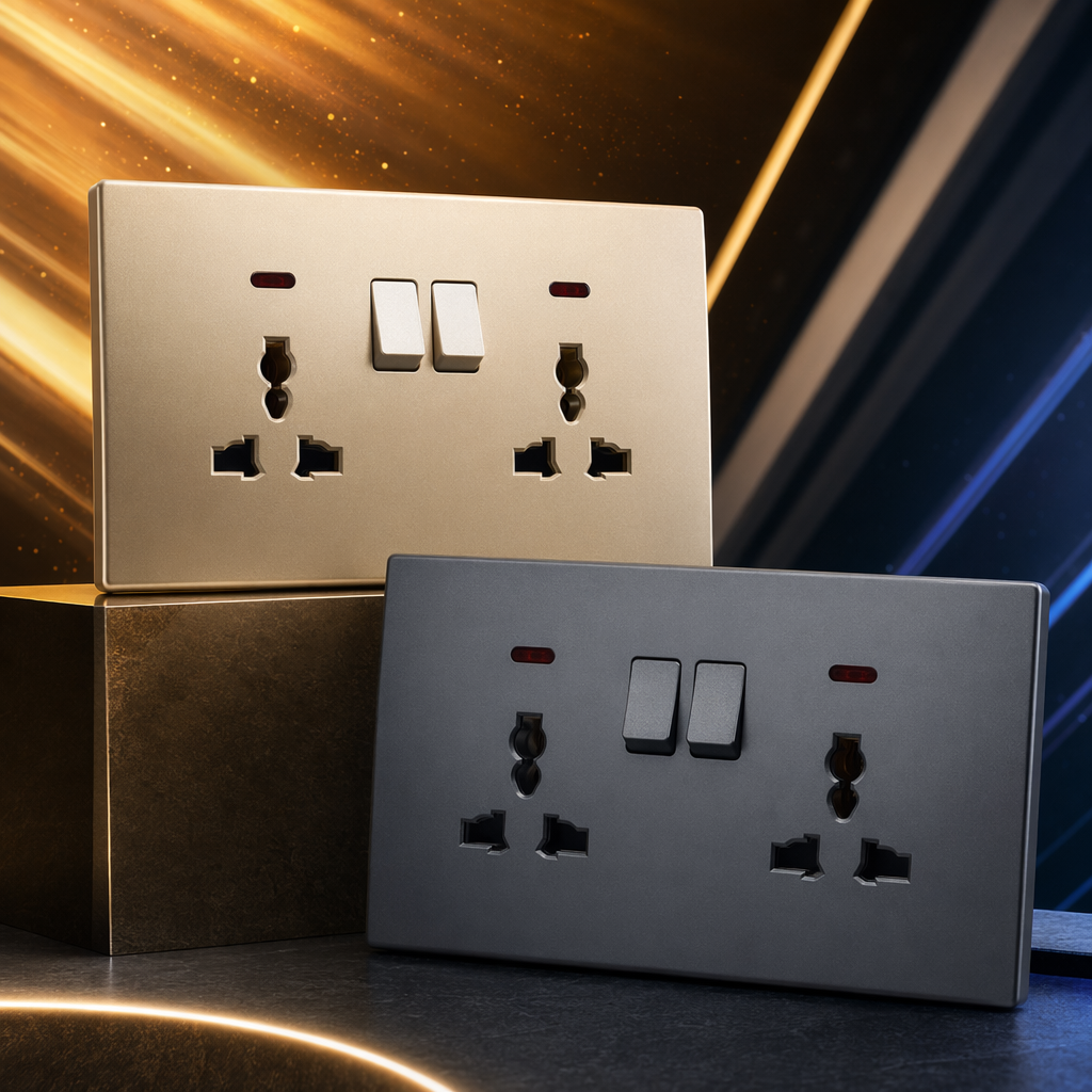T6 Grey and gold dual 13A multi-functional wall socket, suitable for both home and office use, is specially designed for export Specification image