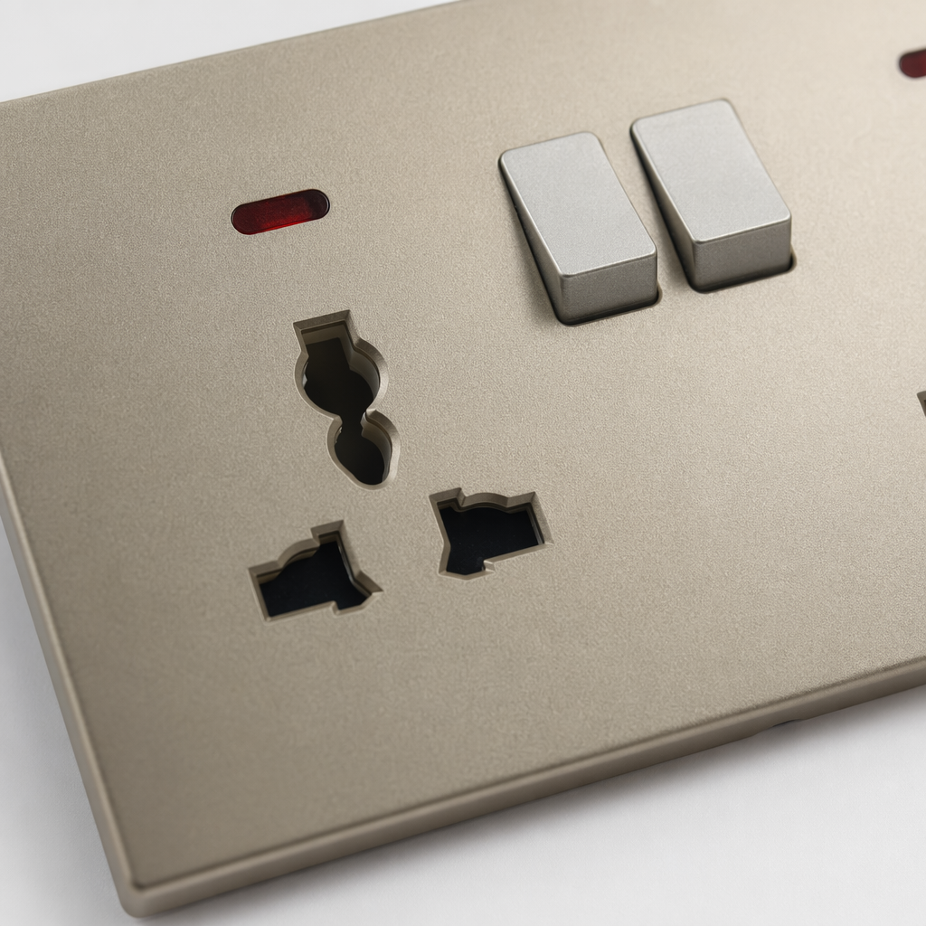 T6 Grey and gold dual 13A multi-functional wall socket, suitable for both home and office use, is specially designed for export Application Scenario