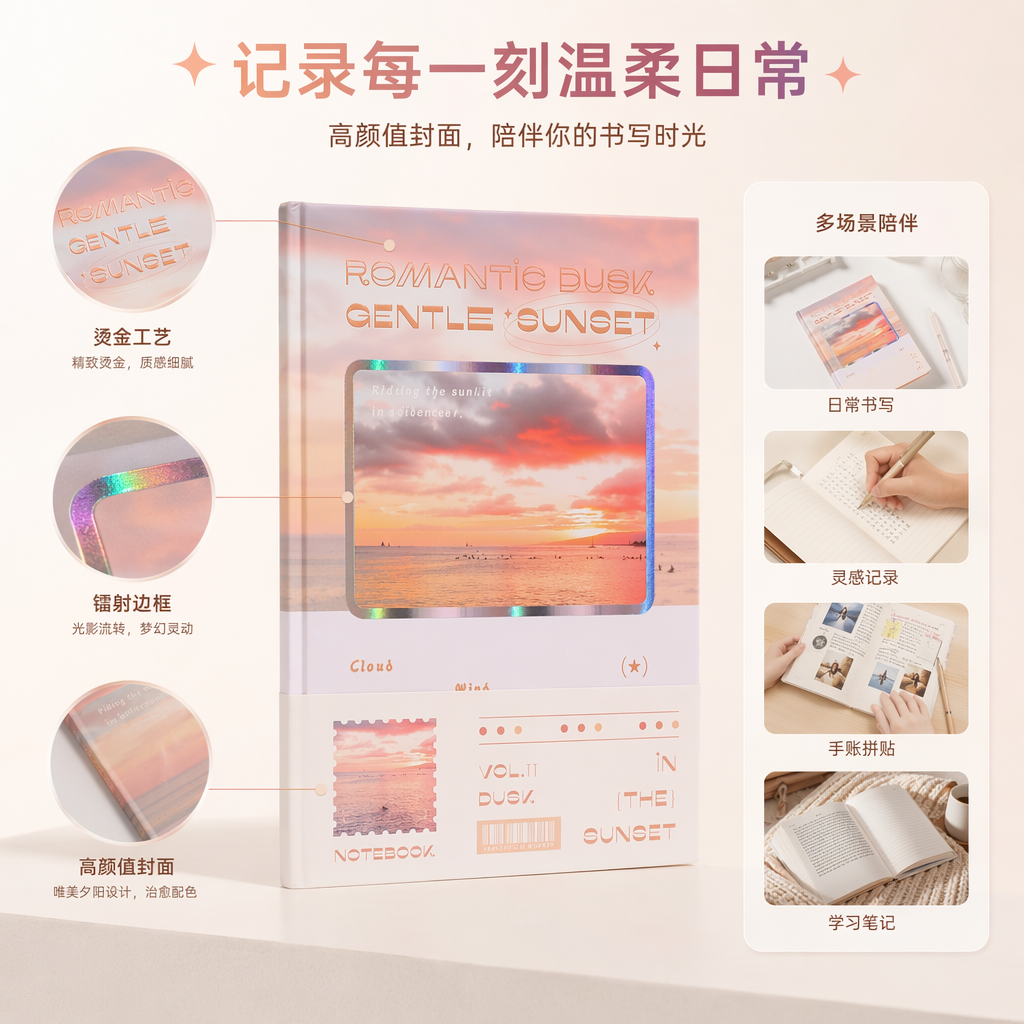 浪漫黄昏主题笔记本粉色背景日落海景封面ROMANTIC DUSK GENTLE SUNSET邮票装饰