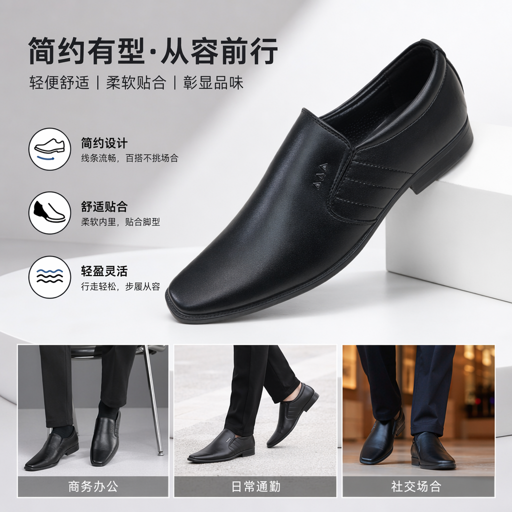 黑色真皮男士商务休闲皮鞋经典百搭简约正装男鞋