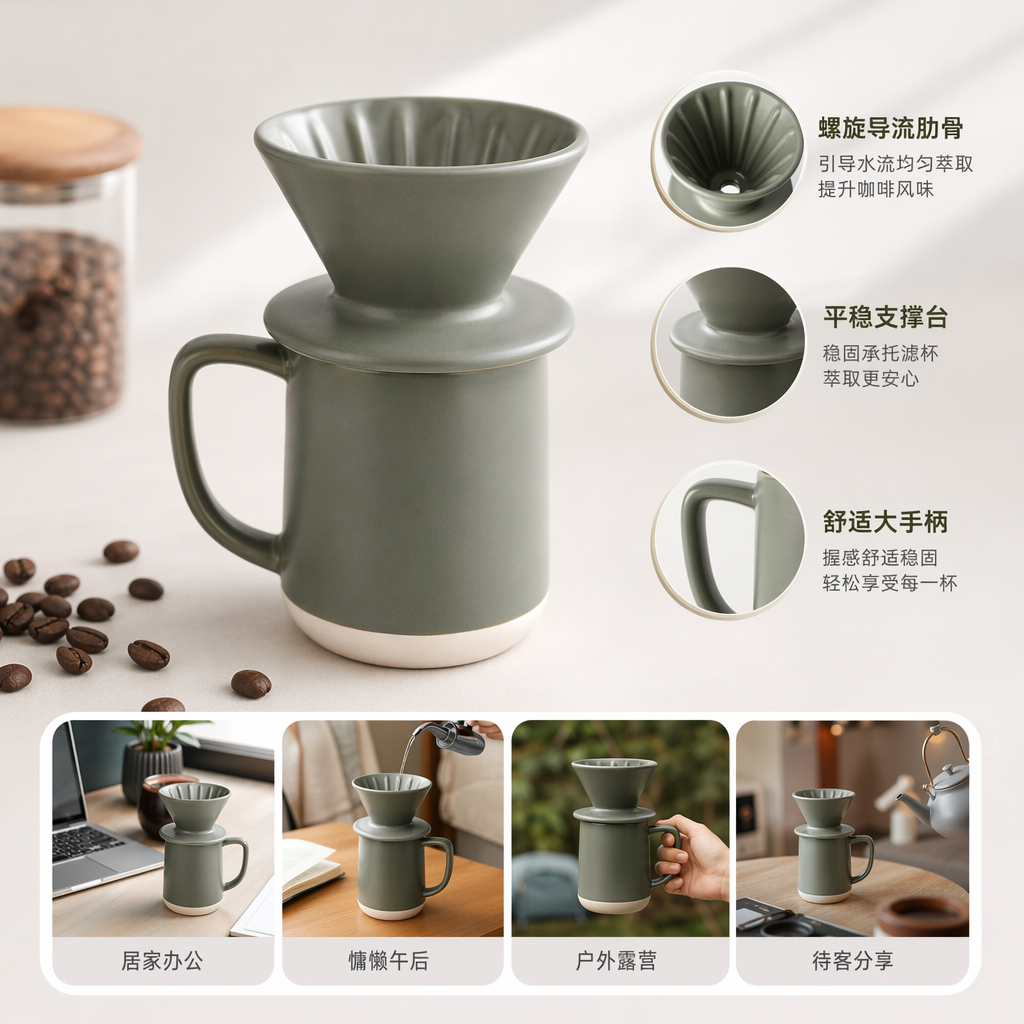 绿色陶瓷咖啡滤杯套装 手冲咖啡器具 304不锈钢滤网