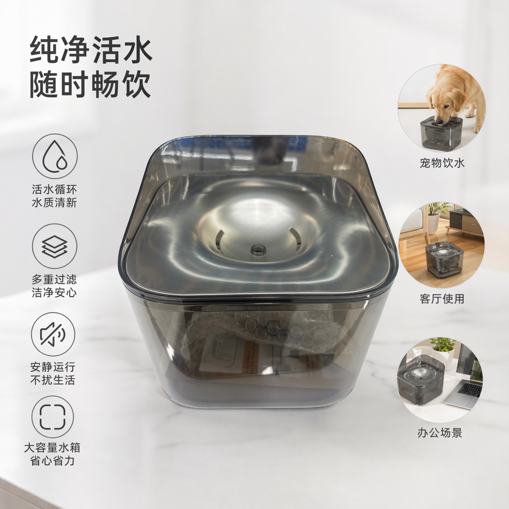 Grey transparent pet water dispenser with silent circulation and automatic water supply for cats and dogs, featuring a stainless steel bowl plate