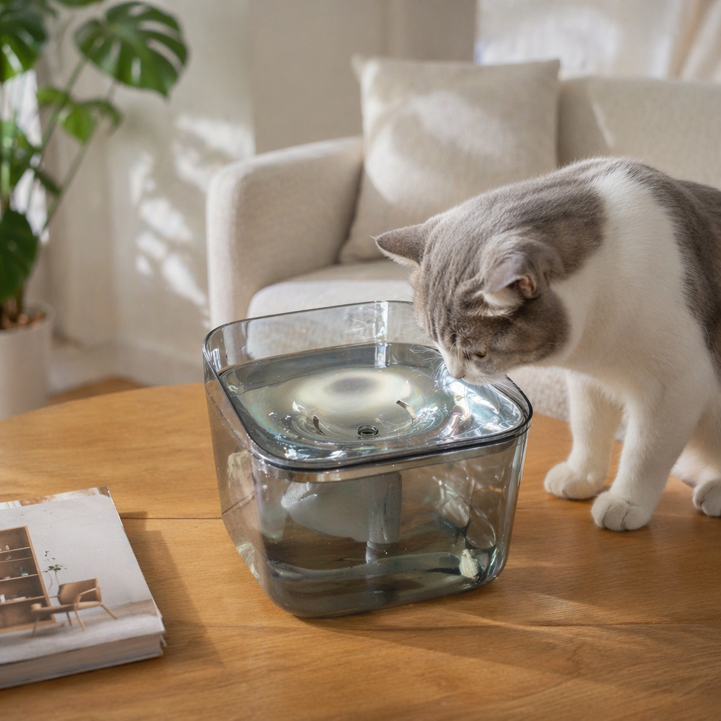 Grey transparent pet water dispenser with silent circulation and automatic water supply for cats and dogs, featuring a stainless steel bowl plate details Picture