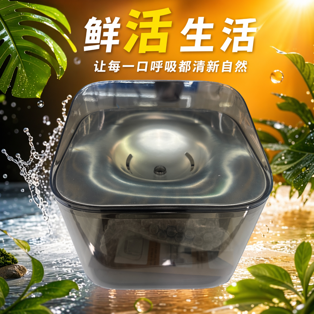 Grey transparent pet water dispenser with silent circulation and automatic water supply for cats and dogs, featuring a stainless steel bowl plate Specification image