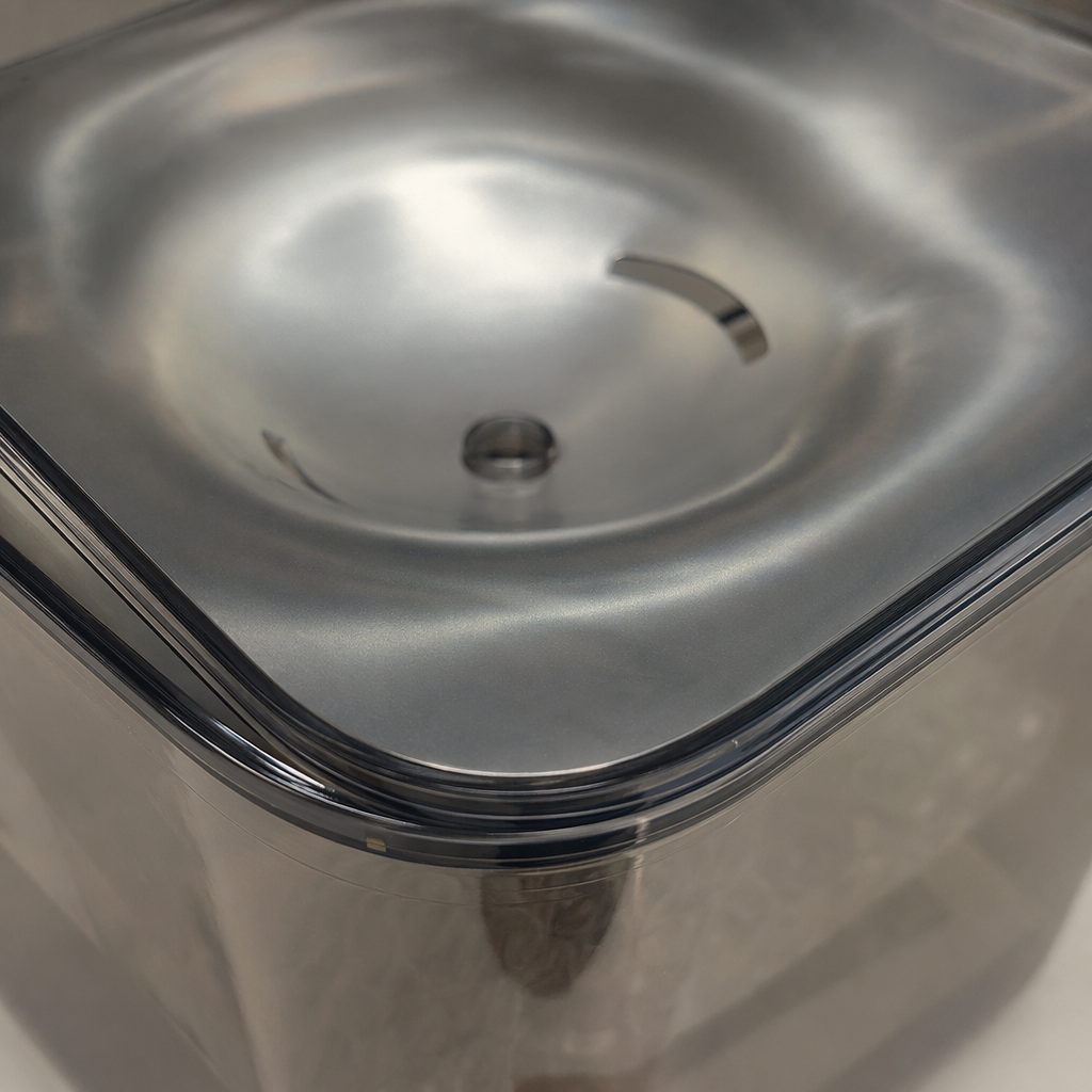 Grey transparent pet water dispenser with silent circulation and automatic water supply for cats and dogs, featuring a stainless steel bowl plate Application Scenario