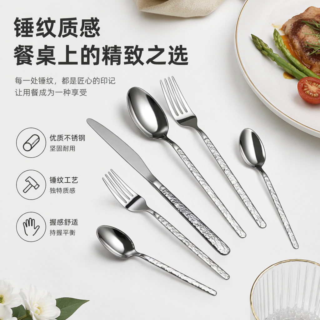 银色餐具套装 不锈钢餐勺叉刀四件套 家用简约风