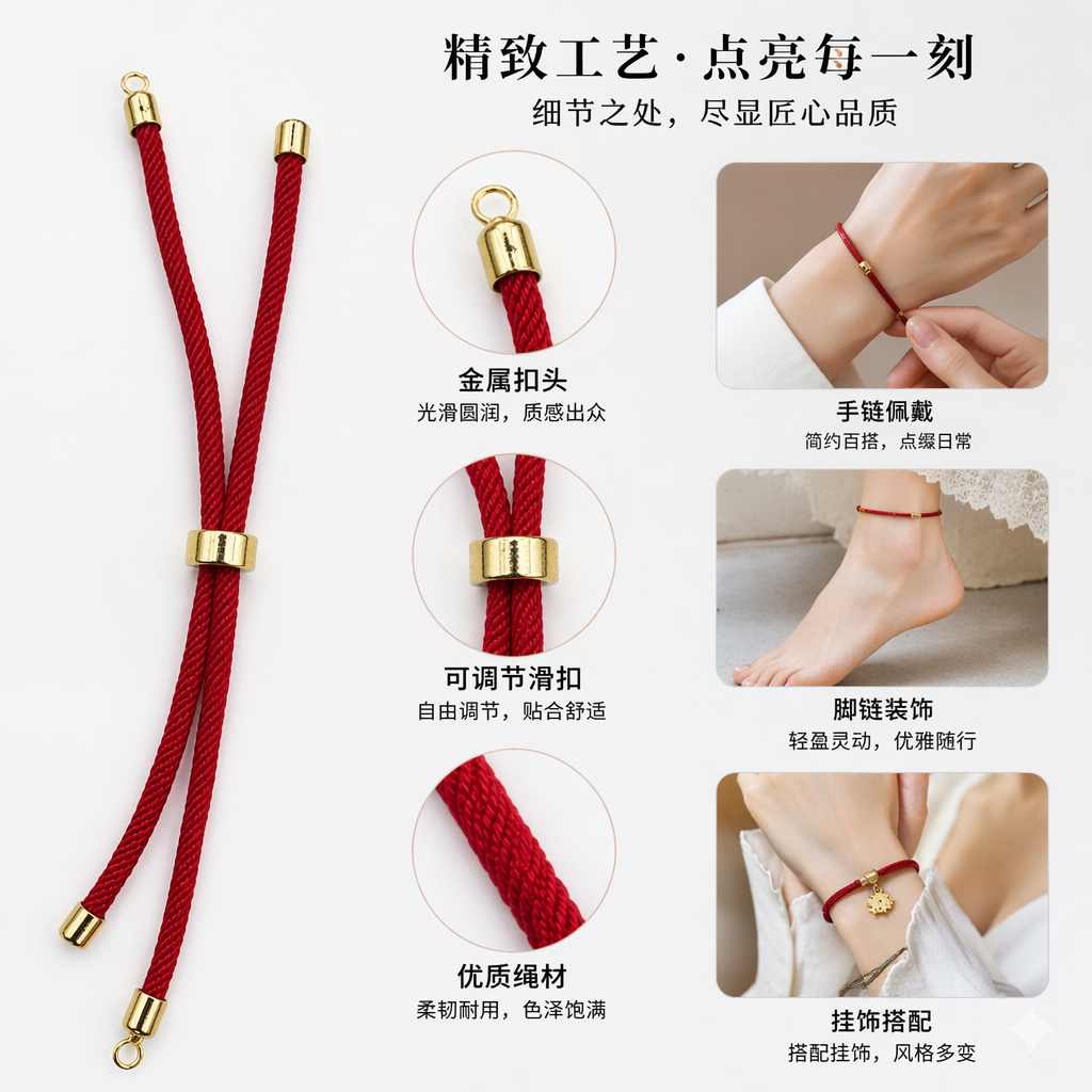 红色绳结手链配金色金属扣件 时尚简约男女同款