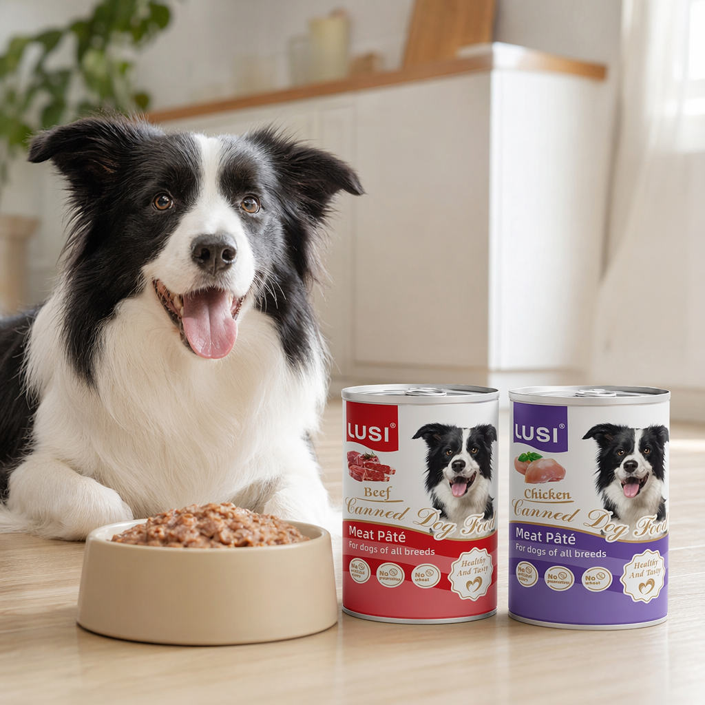 LUSI边境牧羊犬图案红色紫色罐装牛肉鸡肉味狗粮肉酱罐头产品图