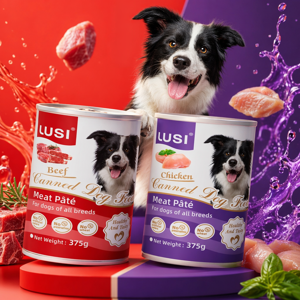 LUSI边境牧羊犬图案红色紫色罐装牛肉鸡肉味狗粮肉酱罐头细节图