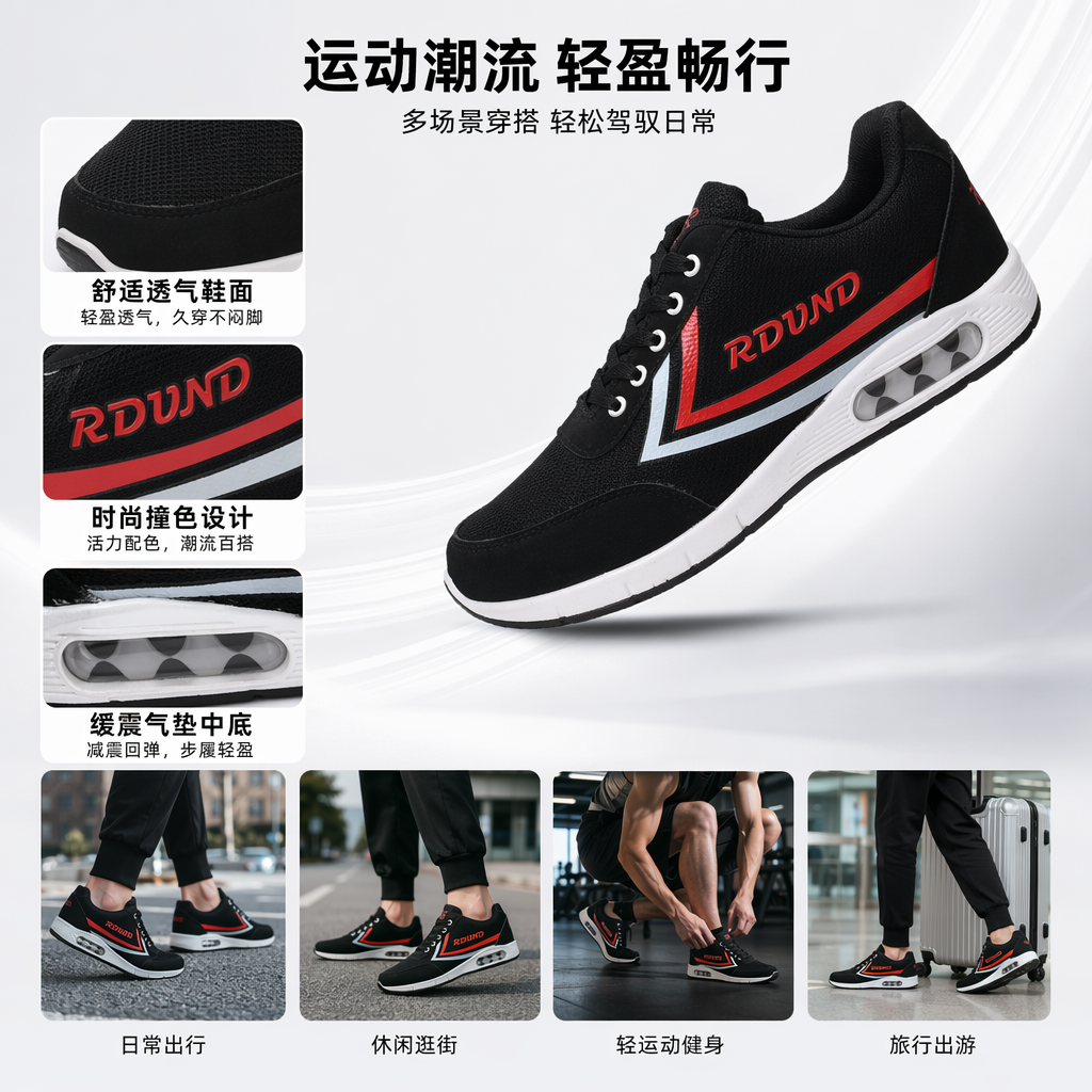 黑色运动鞋红色品牌标识白色气垫底舒适透气缓震