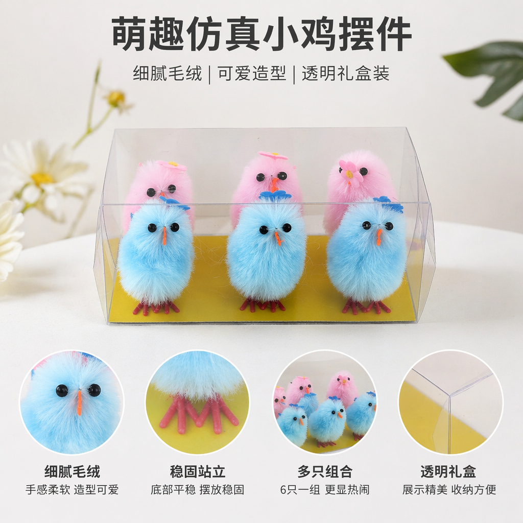 透明盒装毛绒小鸡装饰品可爱摆件家居桌面礼品图