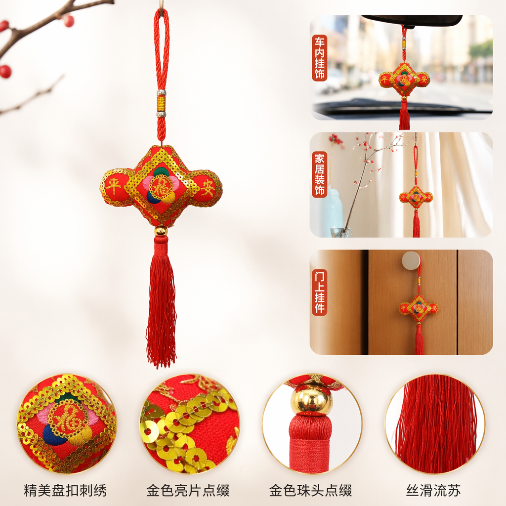 红色中国结平安福刺绣香囊挂饰 金色亮片边 红流苏金属珠