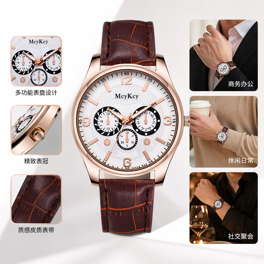 棕色皮质表带玫瑰金表壳白色表盘女士手表图