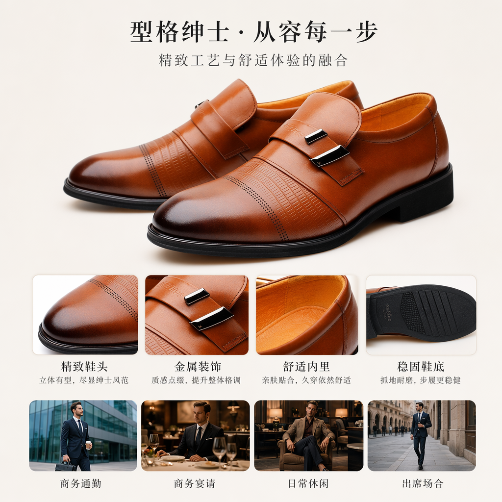 棕色真皮男士商务休闲皮鞋经典百搭简约舒适
