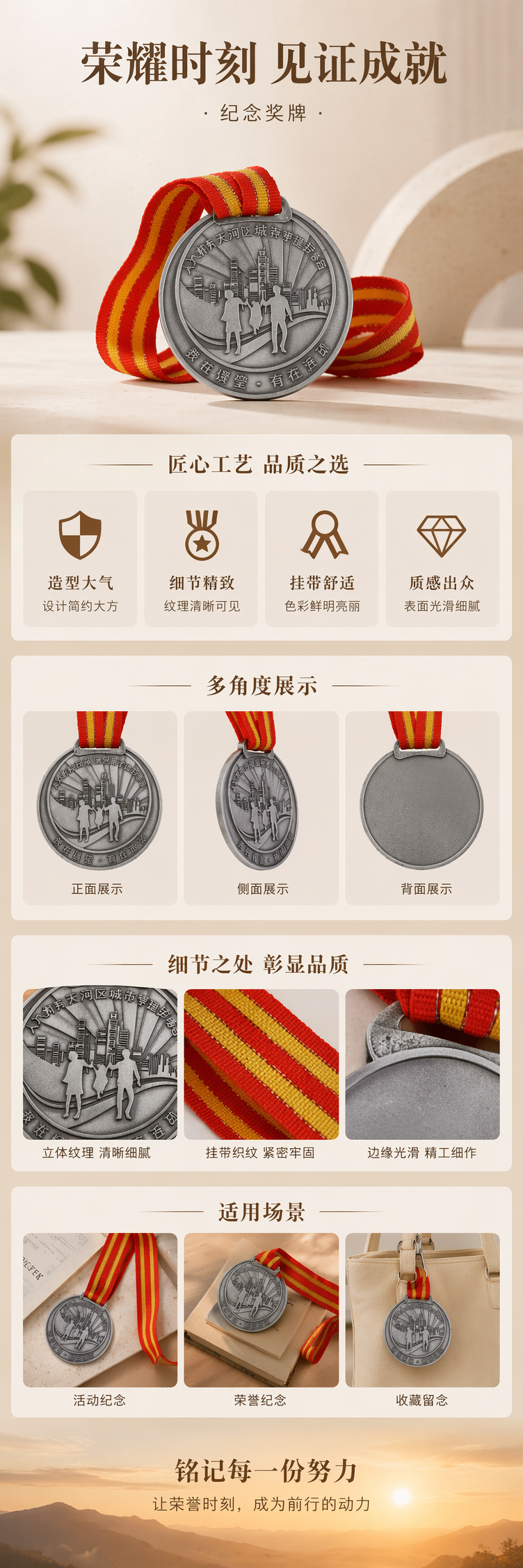 银色奖牌配红黄条纹绶带颁奖典礼纪念奖章定制礼品详情1