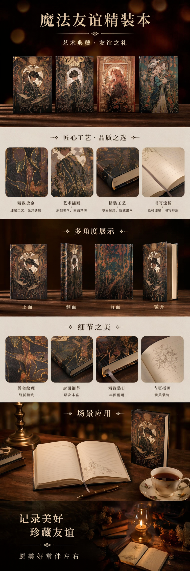 四本魔法友谊精装笔记本 竖立插画奇幻角色木质台面暖光 pic 1