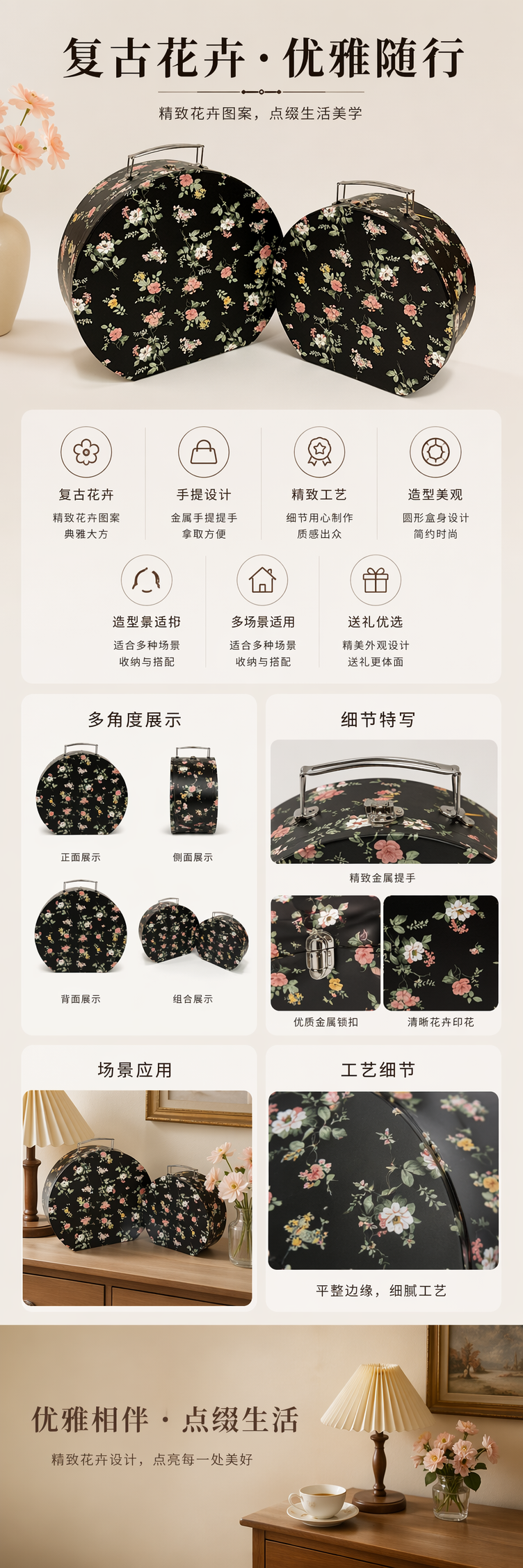 黑色花卉图案圆形手提箱 时尚轻便旅行收纳箱 pic 1