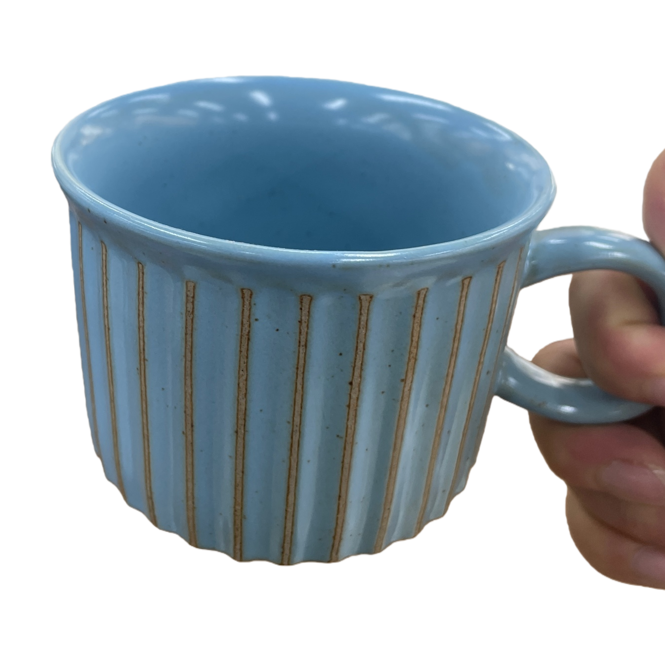 蓝色条纹陶瓷杯白底实物图