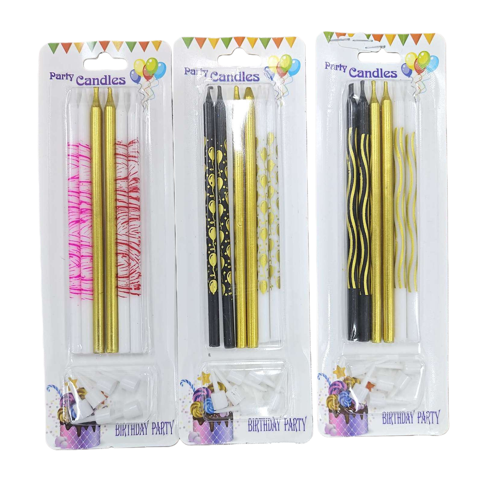 Three packs of colorful party candles and birthday celebration decorations Item Picture