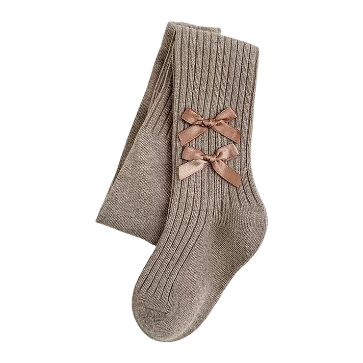 Beige vertical striped knitted socks with a double pink bow decoration on the top Item Picture
