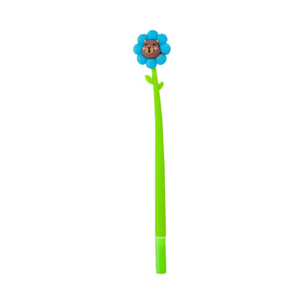 Blue flower-shaped pen body, green stem with small leaf flower center, brown cartoon bear face stationery pen Item Picture