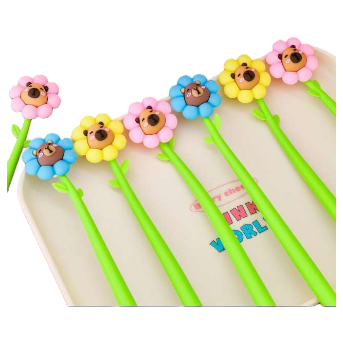 Colorful flower-shaped cartoon animal face pen with pink, yellow and blue patterns and green leaf-shaped pen barrel Item Picture