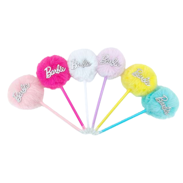 Barbie colorful plush ball decorative pens 5-piece set in pink, rose, red, white, purple, yellow and blue Item Picture