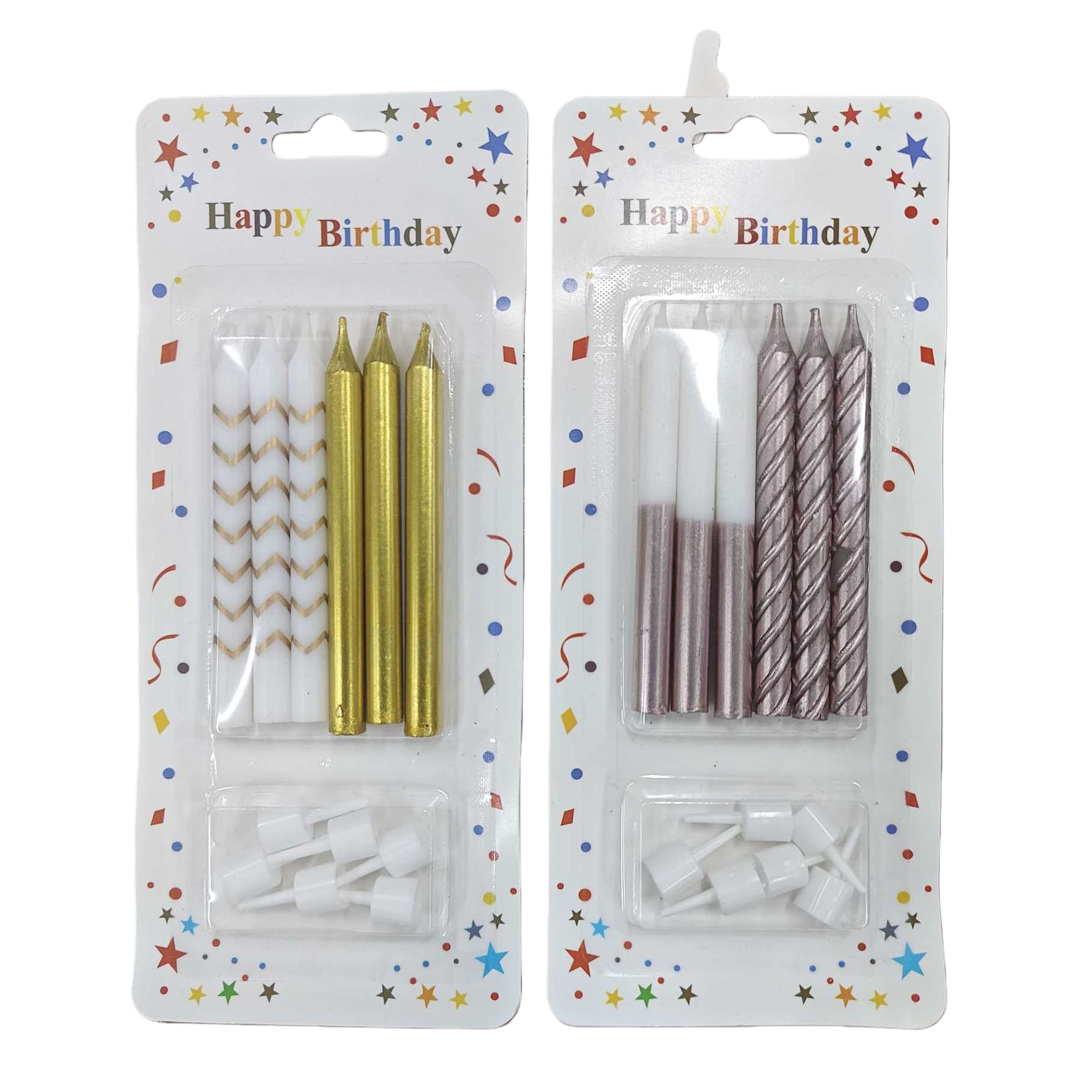 Colorful Star Birthday Candle set: white gold wavy pattern, golden straight bars, white pink gradient, rose gold spiral with white base Item Picture