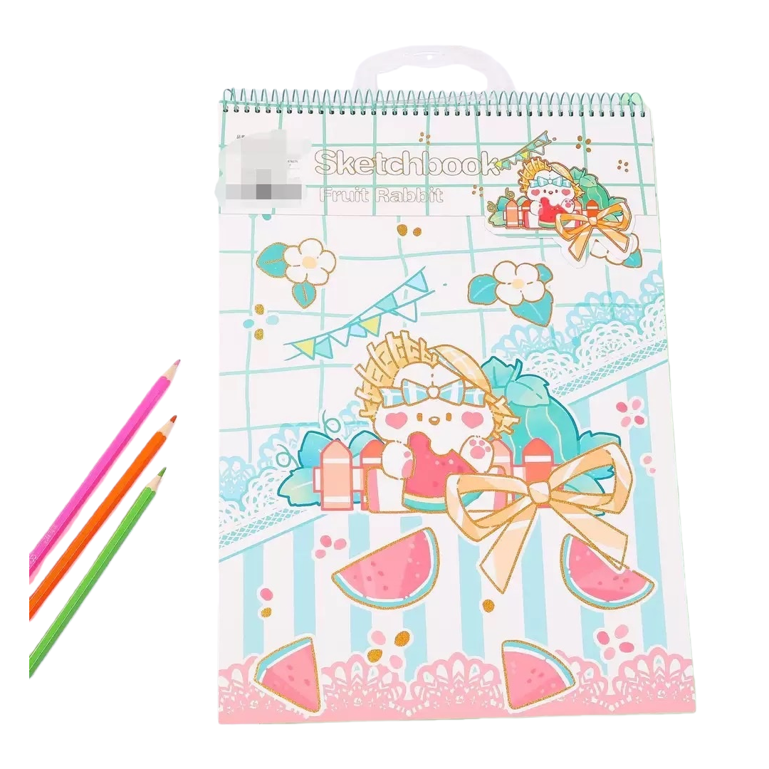 A color spiral-bound sketchbook with a cartoon pattern of fruit rabbits on the cover and 16K thickened paper Item Picture