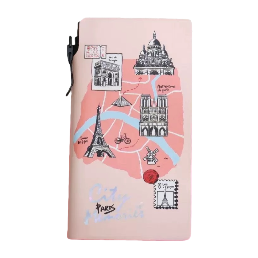 A pink Paris-themed notebook with a white keyboard is simple and artistic for students Item Picture