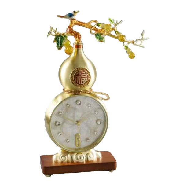 The top of the golden gourd-shaped table clock is decorated with birds perching on the branches, fruits and green leaves Item Picture