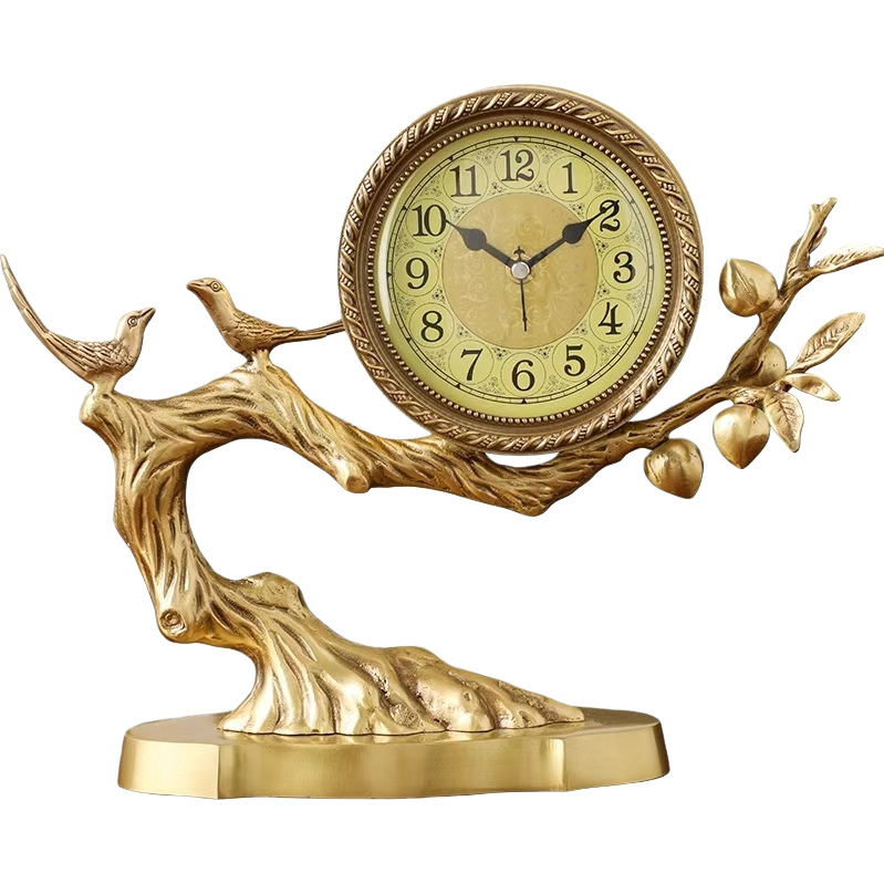 The golden branch-shaped table clock has digital scales on its face and is decorated with double bird fruits on the branches Item Picture