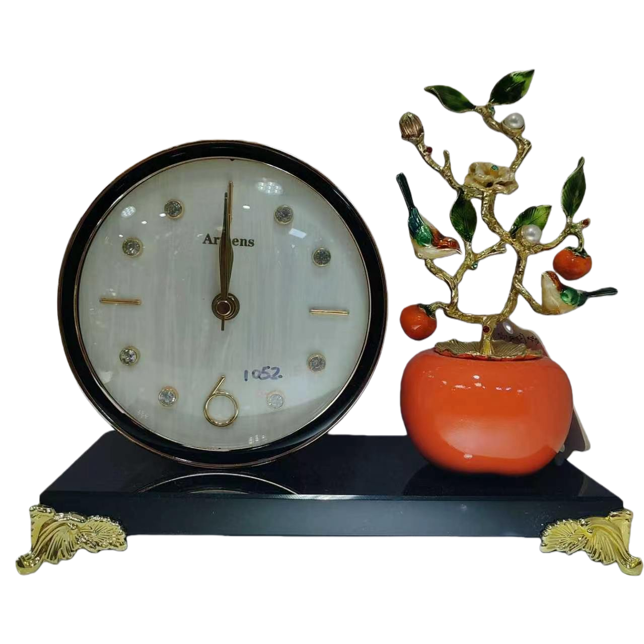 A black base with golden decoration, a table clock and a persimmon bird branch ornament set Item Picture