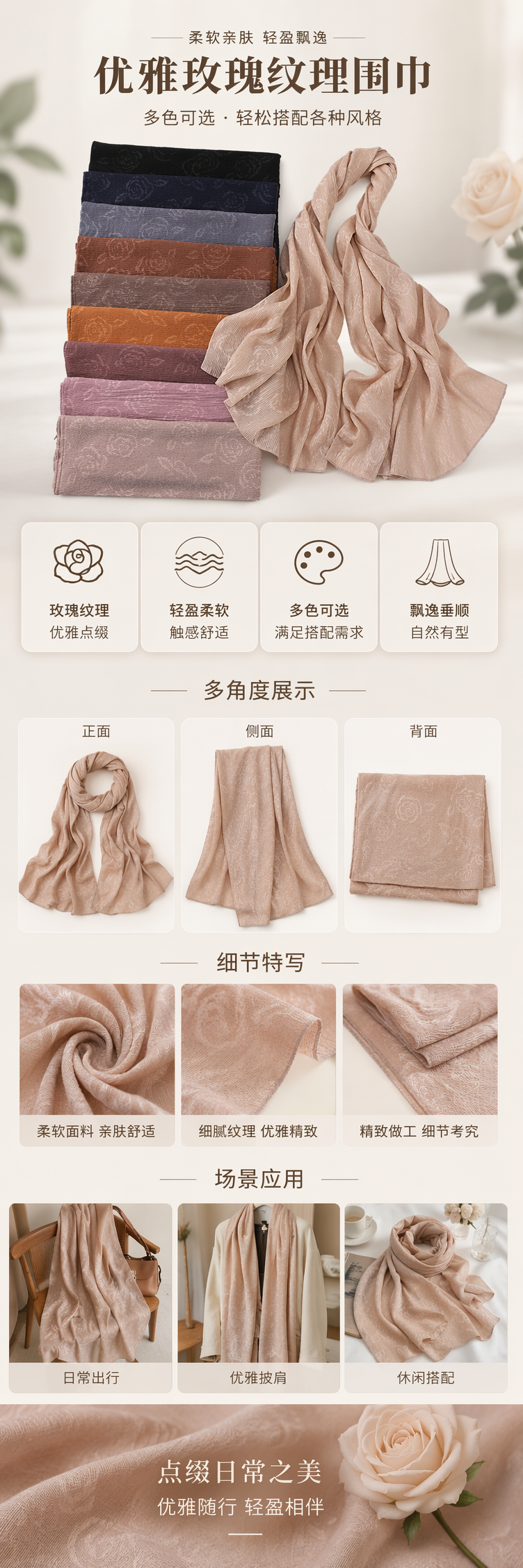 米色褶皱玫瑰印花围巾 时尚百搭女士秋冬保暖配饰详情1