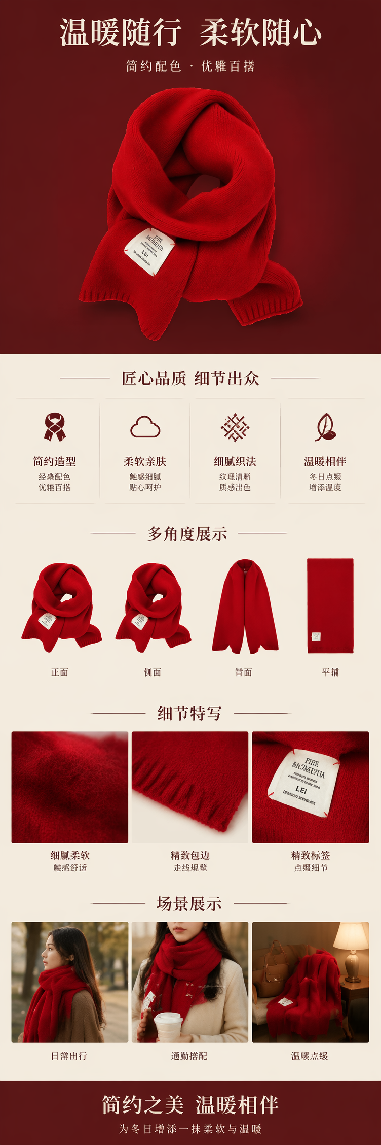 红色针织围巾女秋冬保暖百搭纯色毛线长款详情1