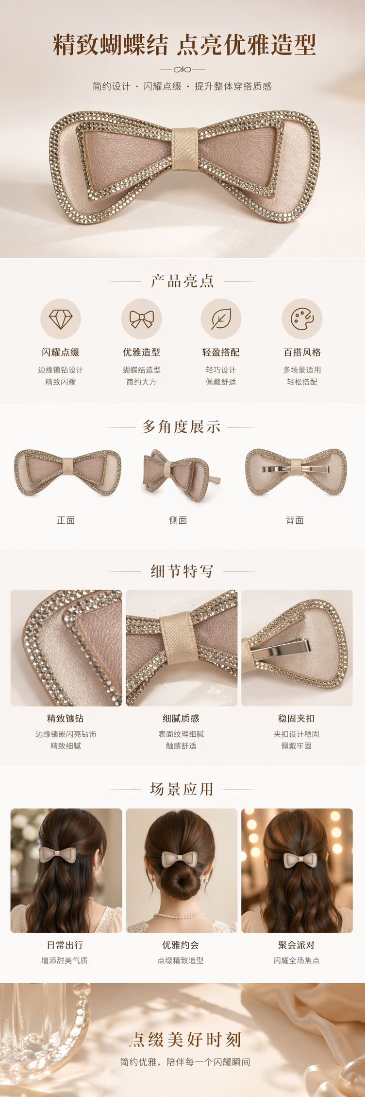 镶钻粉色蝴蝶结发饰女甜美可爱头饰发卡详情1
