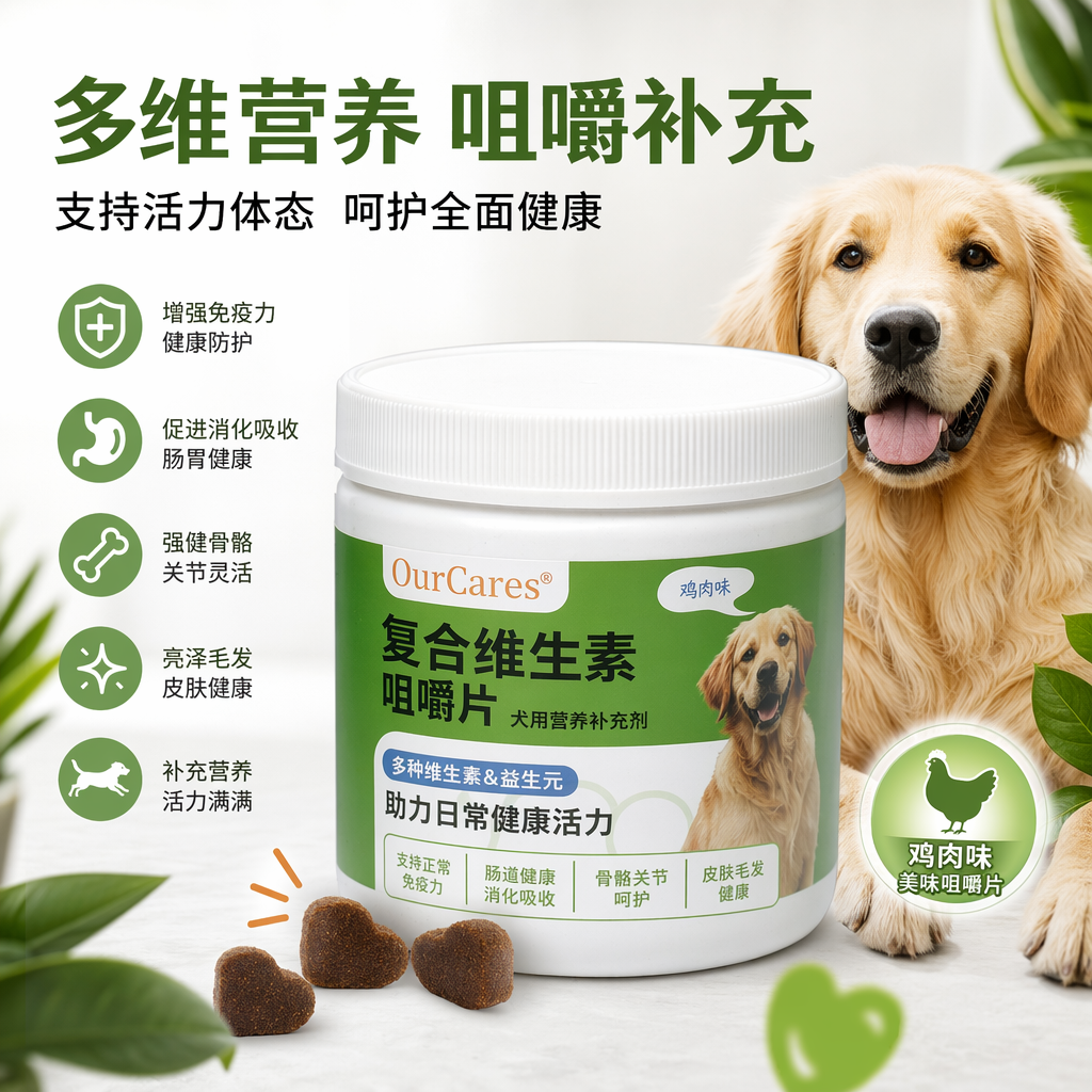 OurCares Pet MULTIVITAMIN CHEWS, white can, green label, Golden Retriever pattern