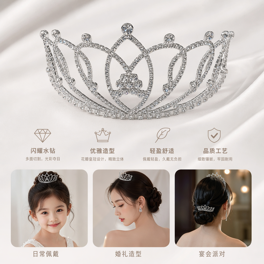 Silver diamond-encrusted crown bridal headwear, wedding photo accessories