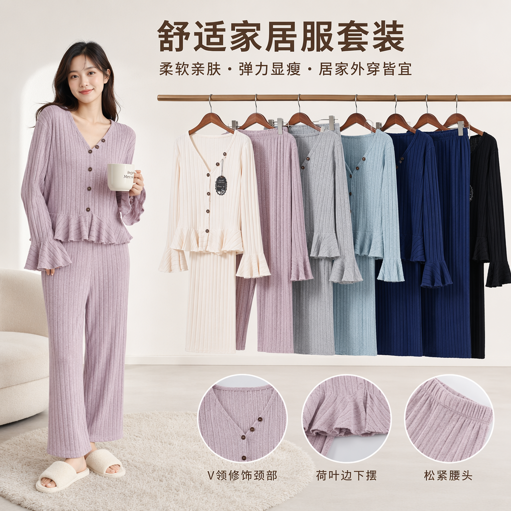 多色竖条纹针织家居服套装 男女同款舒适亲肤