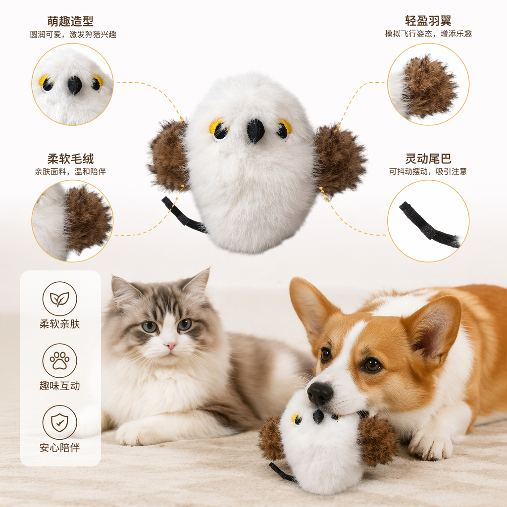 白色毛绒小鸟宠物玩具猫咪用逗猫玩具狗狗也可用宠物用品