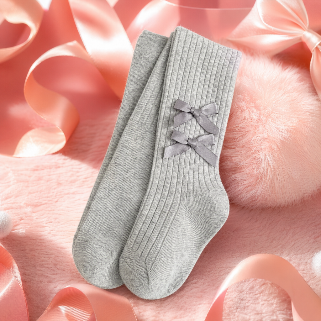 Grey striped socks paired with bow-shaped pure cotton mid-calf socks for women are comfortable and breathable Specification image
