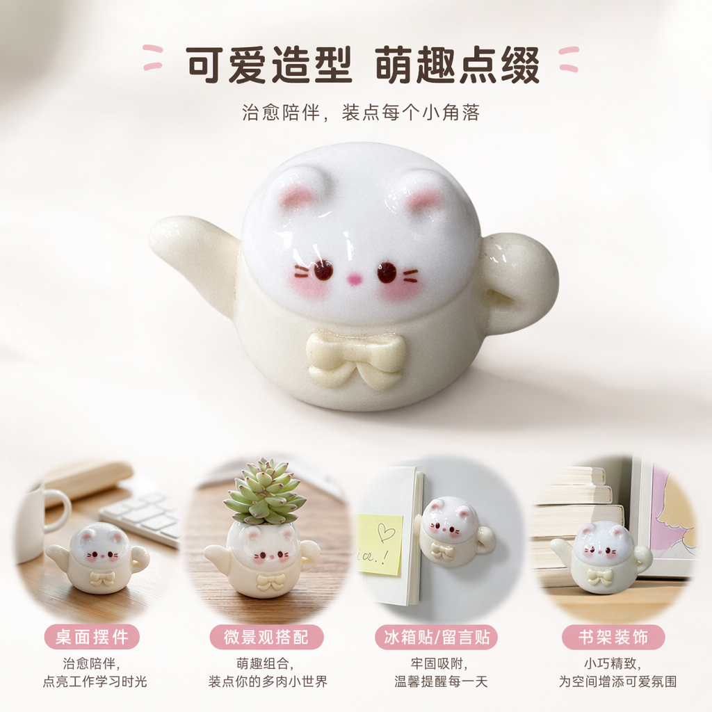 白色猫形陶瓷茶壶家用创意摆件泡茶壶图