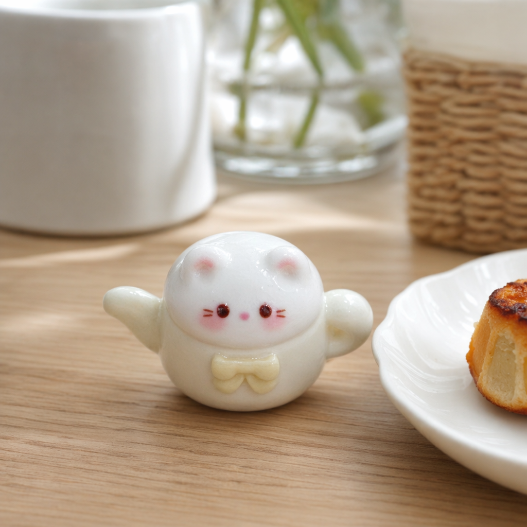 白色猫形茶壶产品图