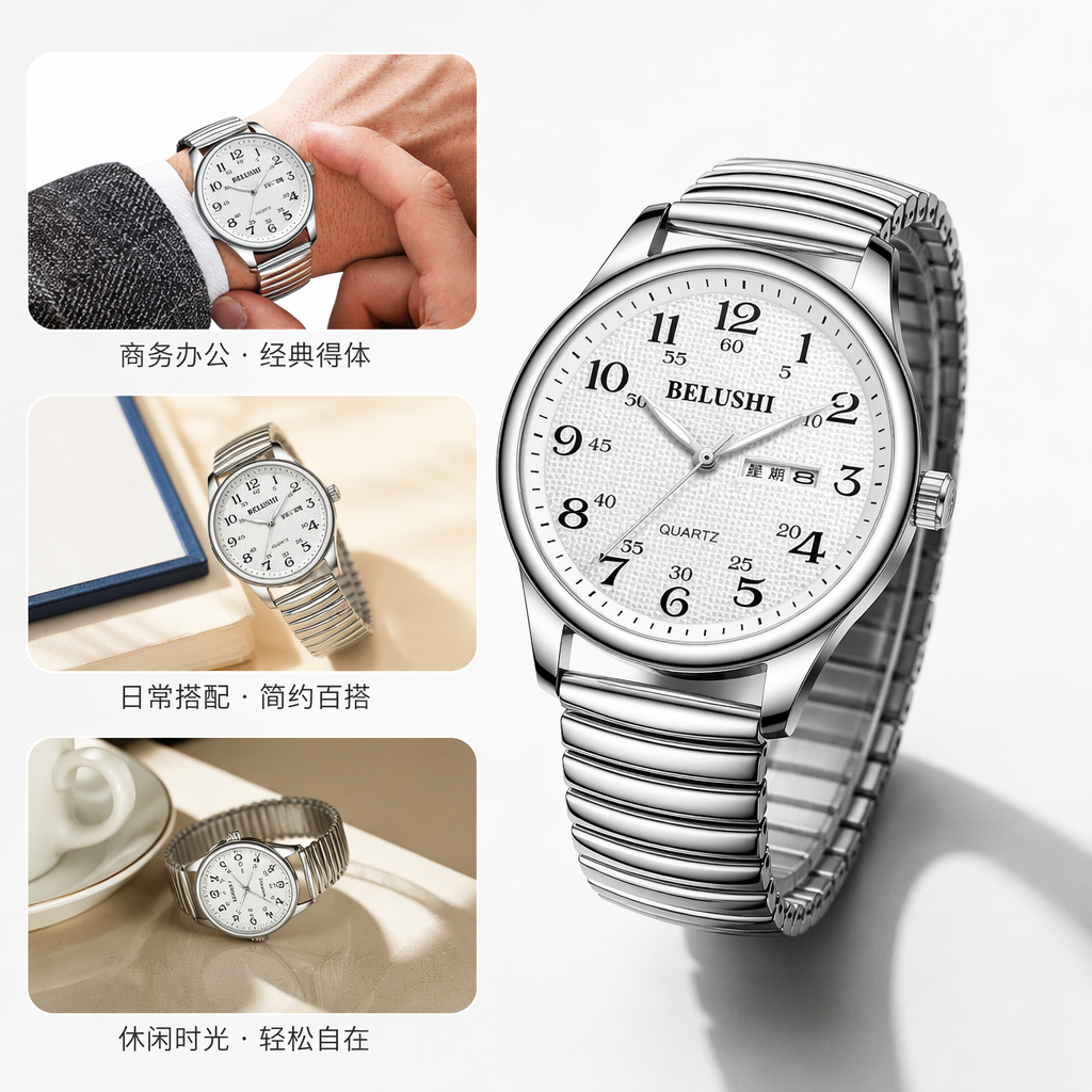 银色金属表带手表 佩戴于手腕上图