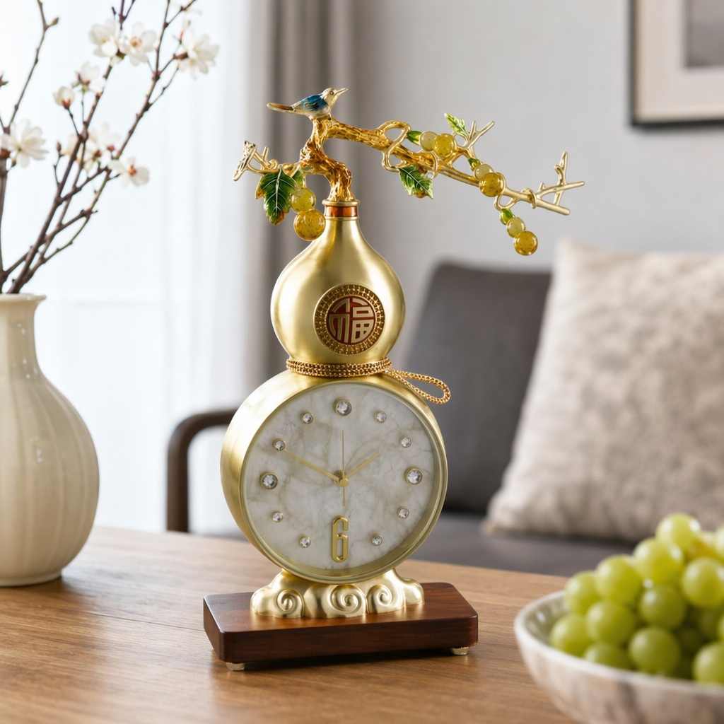 The top of the golden gourd-shaped table clock is decorated with birds perching on the branches, fruits and green leaves details Picture