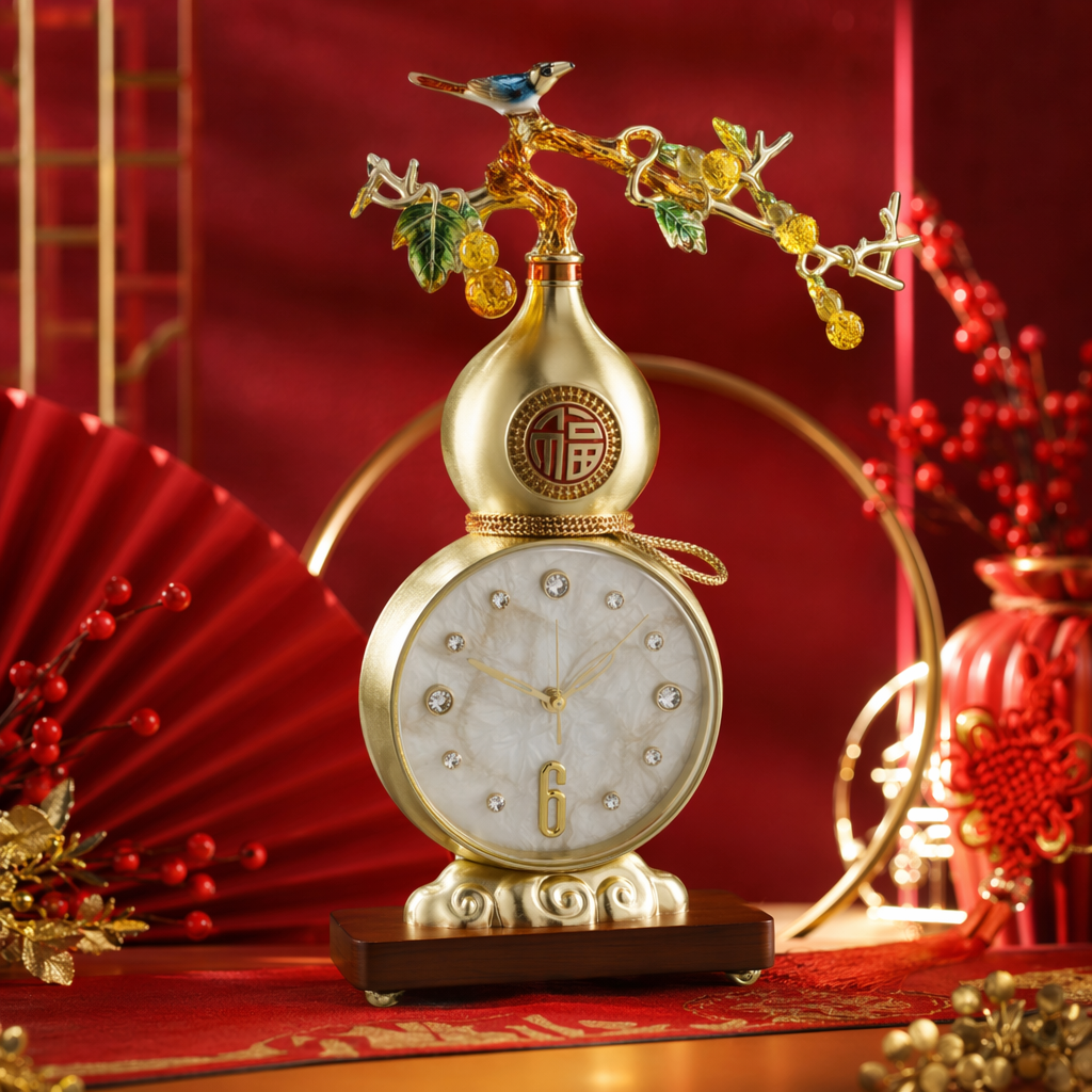 The top of the golden gourd-shaped table clock is decorated with birds perching on the branches, fruits and green leaves Specification image