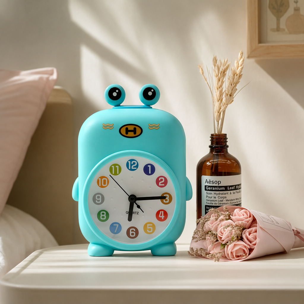 Blue frog-shaped creative alarm clock, silent bedroom bedside electronic clock details Picture